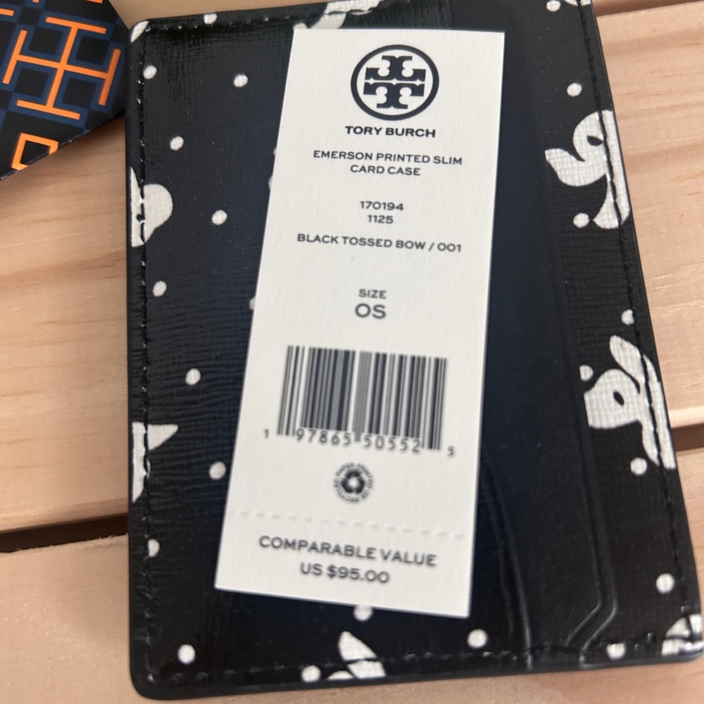 NWT🎀Tory Burch Emerson Printed Slim Card Case/Holder Black Tossed Bow Silver - Picture 6 of 6